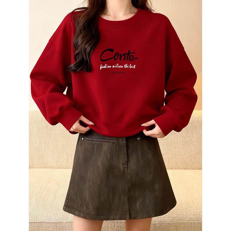 专柜酒红色短款卫衣女2025秋冬季加绒加厚小个子宽松圆领无帽上衣