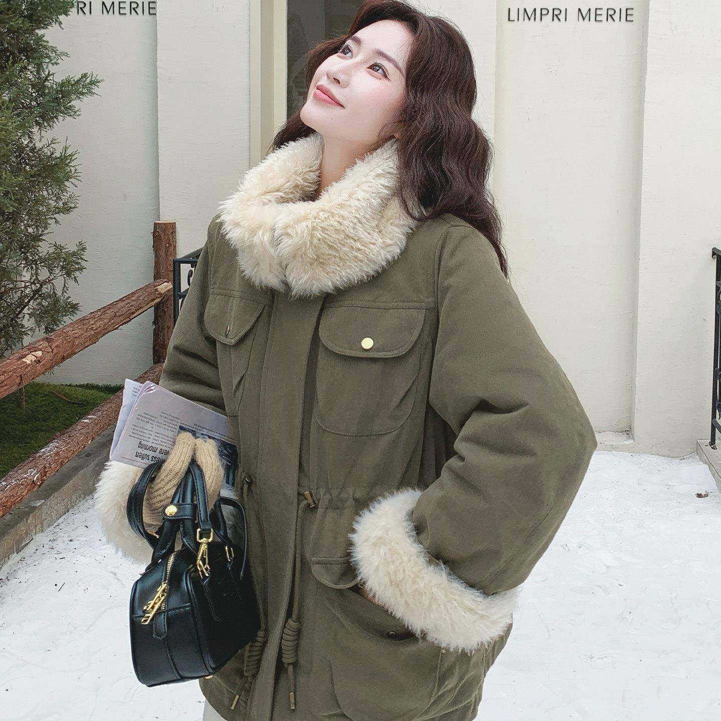 香港冬季新款韩系羊羔毛翻领工装派克服女高级感收腰加绒棉服外套