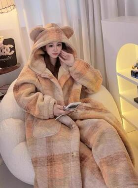 韩版黄色千鸟格熊耳朵连帽珊瑚绒睡袍女冬季加绒加厚可外穿家居服