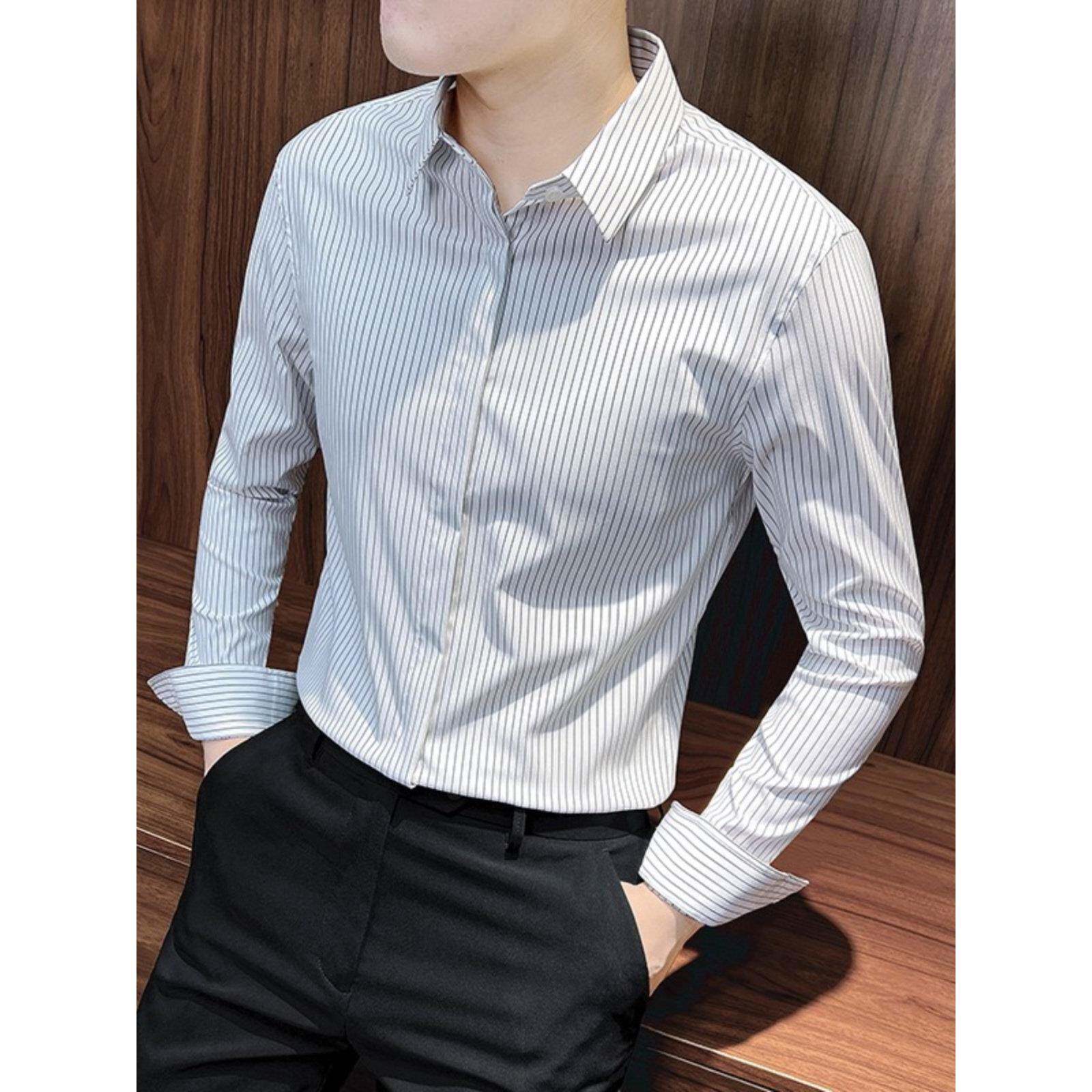 潮牌1212条纹衬衫男士长袖春秋款2024新款商务男装高级感修身衬衣