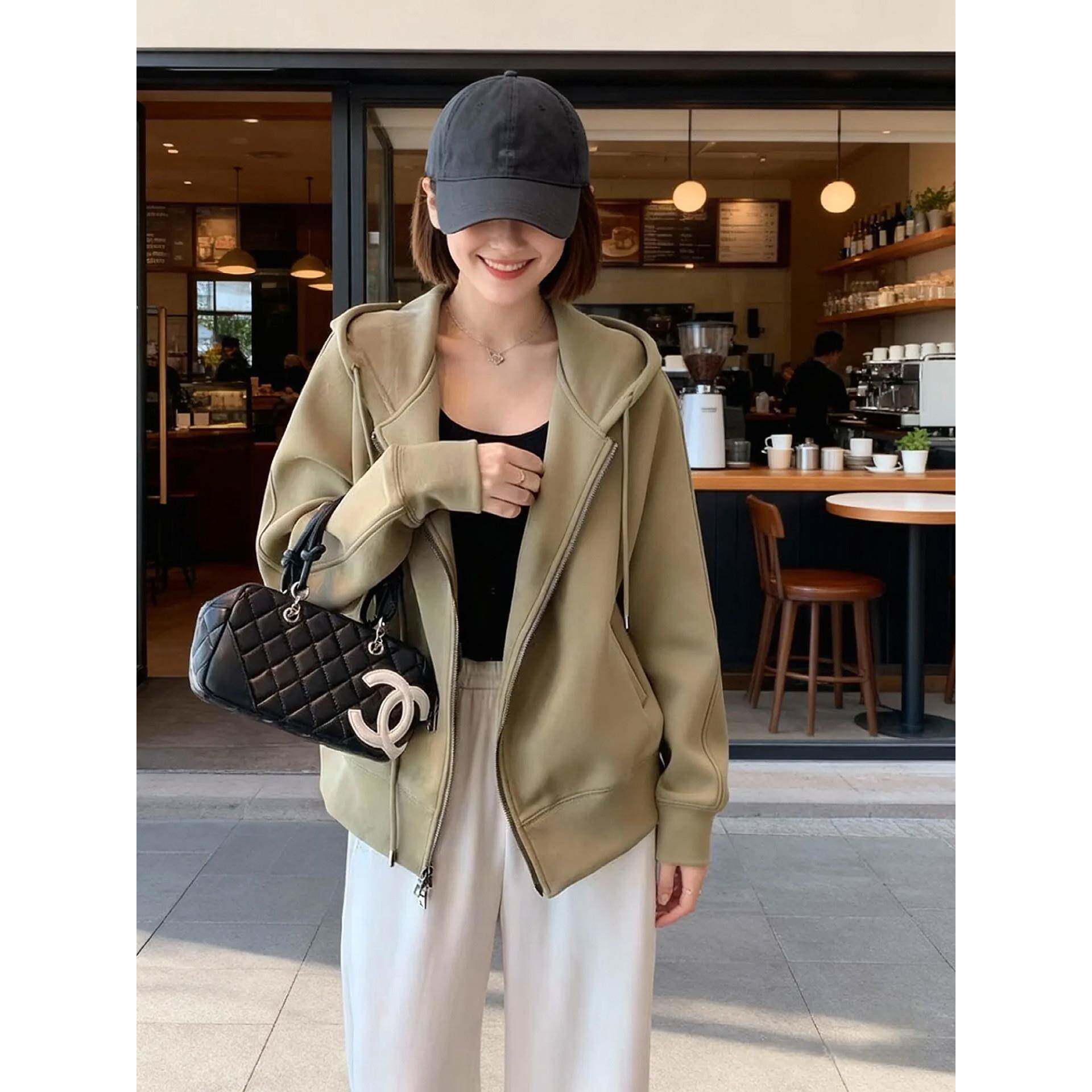 韩国橄榄绿休闲风连帽拉炼卫衣外套女秋冬宽松百搭加绒加厚短外套