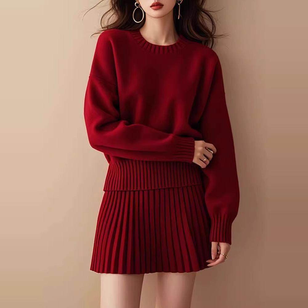 香港安可拉红色针织套装女春秋季大码胖mm毛衣短裙战袍独特两件套