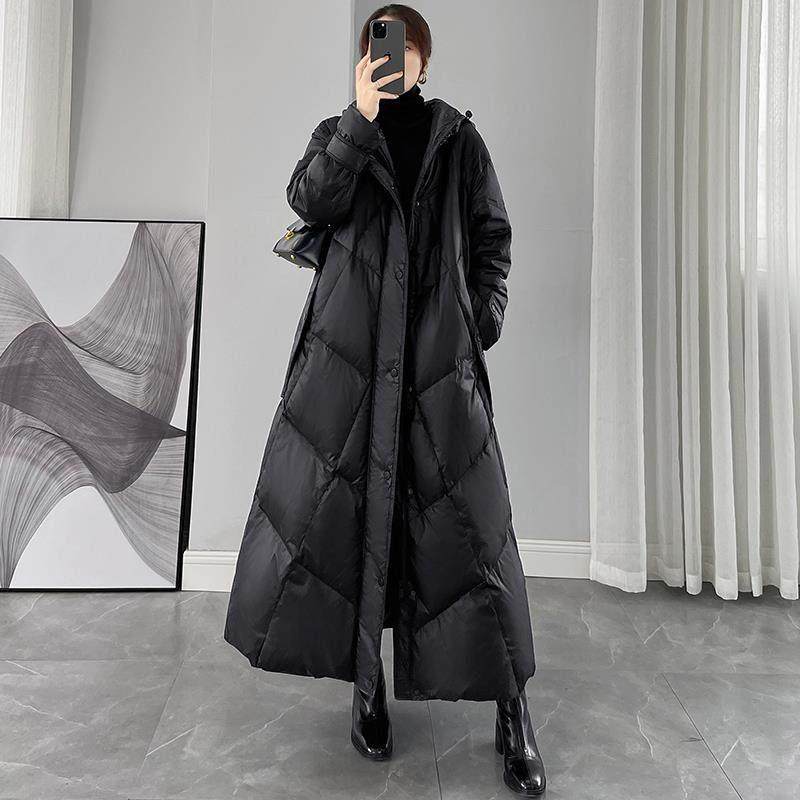 黑色连帽羽绒服女2025年冬季新款宽松超长款过膝白鸭绒加厚外套潮