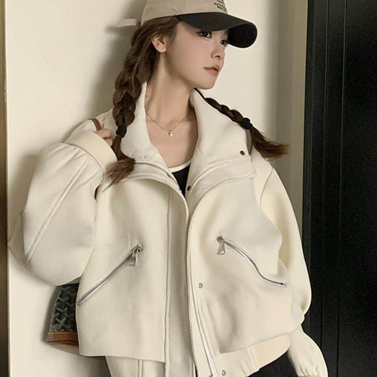 香港秋冬新款韩系华夫格工装短款外套女士小个子宽松休闲拼接夹克