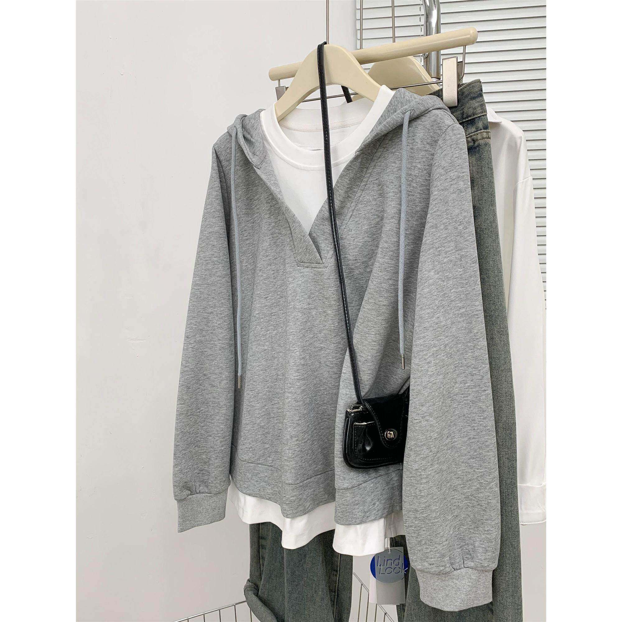 潮牌灰色假两件连帽卫衣女2025春秋冬季新款韩版宽松加绒加厚上衣