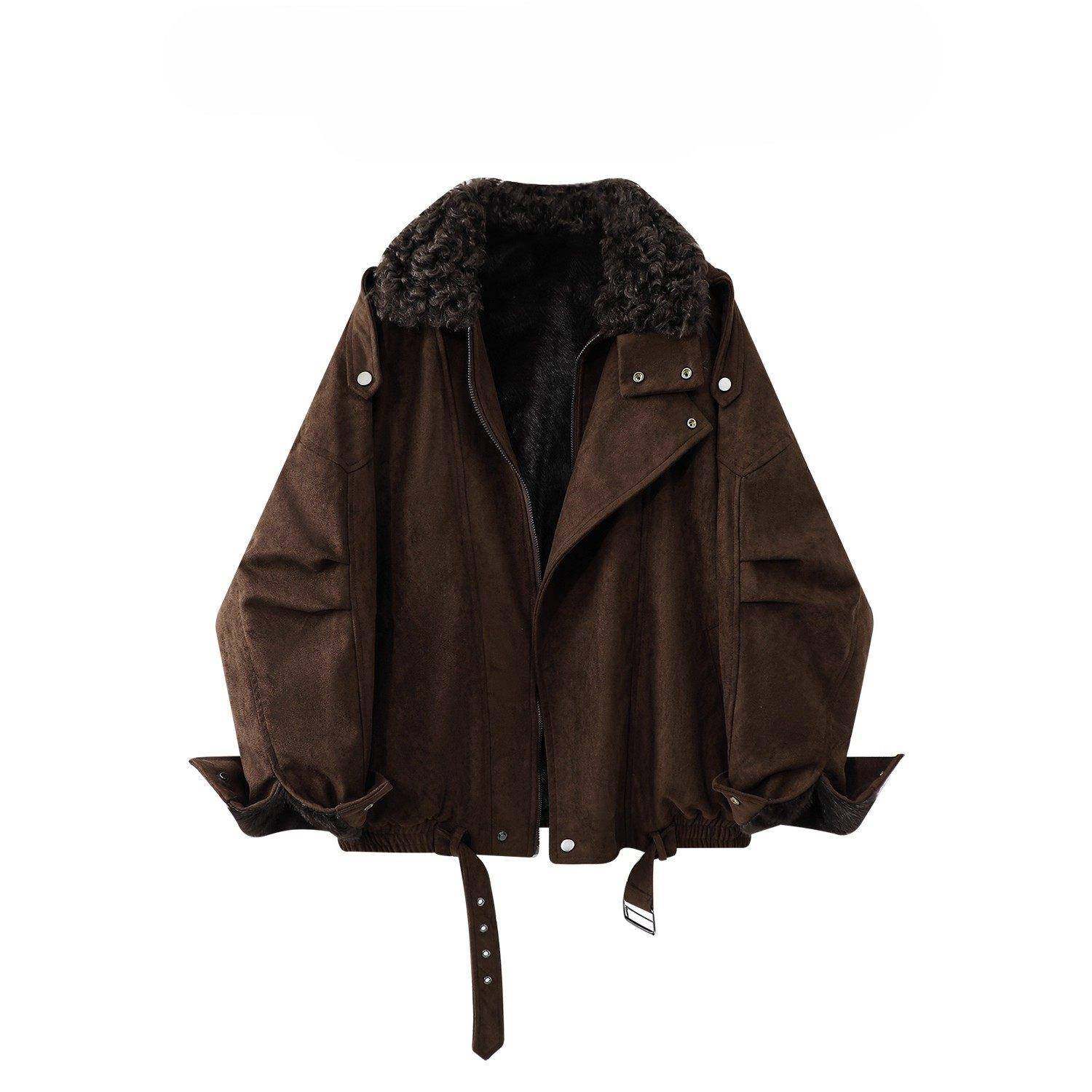 香港冬季新款美拉德羊羔毛翻领外套女法式复古加绒保暖麂皮绒夹克