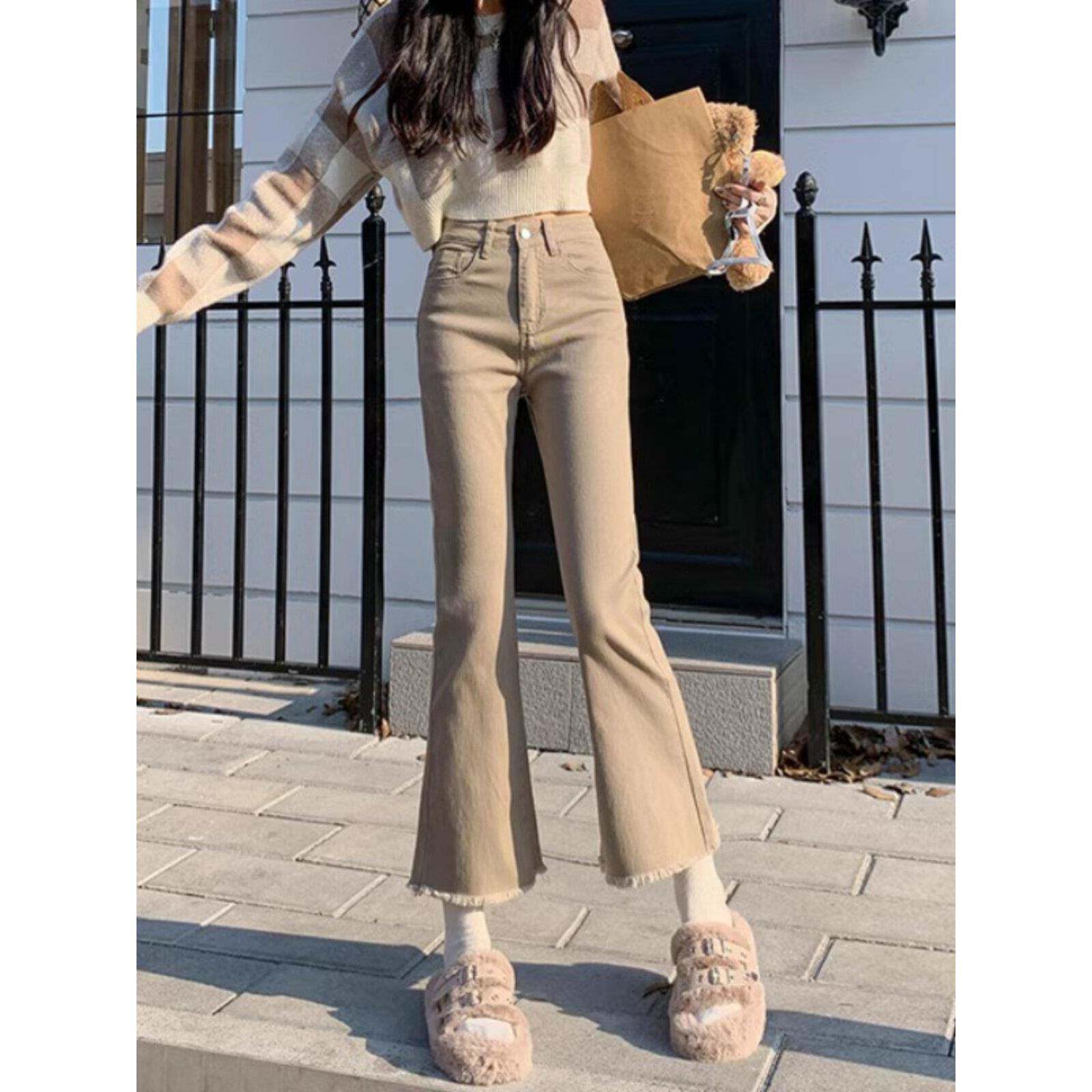 SPYB浅色微喇牛仔裤女春秋新款高腰覆古修身毛边小个子九分喇叭裤