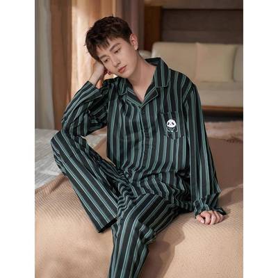 2025新款春秋纯棉男士睡衣长袖开衫休闲轻奢家居服宽松秋冬套装
