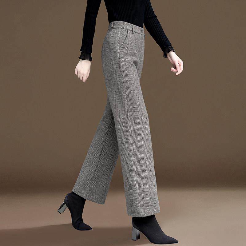 加厚毛呢阔腿裤女秋冬2025新款高腰显瘦直筒裤人字纹加绒妈妈长裤
