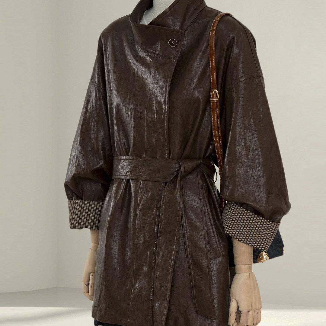 新品香港春秋新款高级感中长款立领皮衣外套女收腰格纹拼接皮夹克