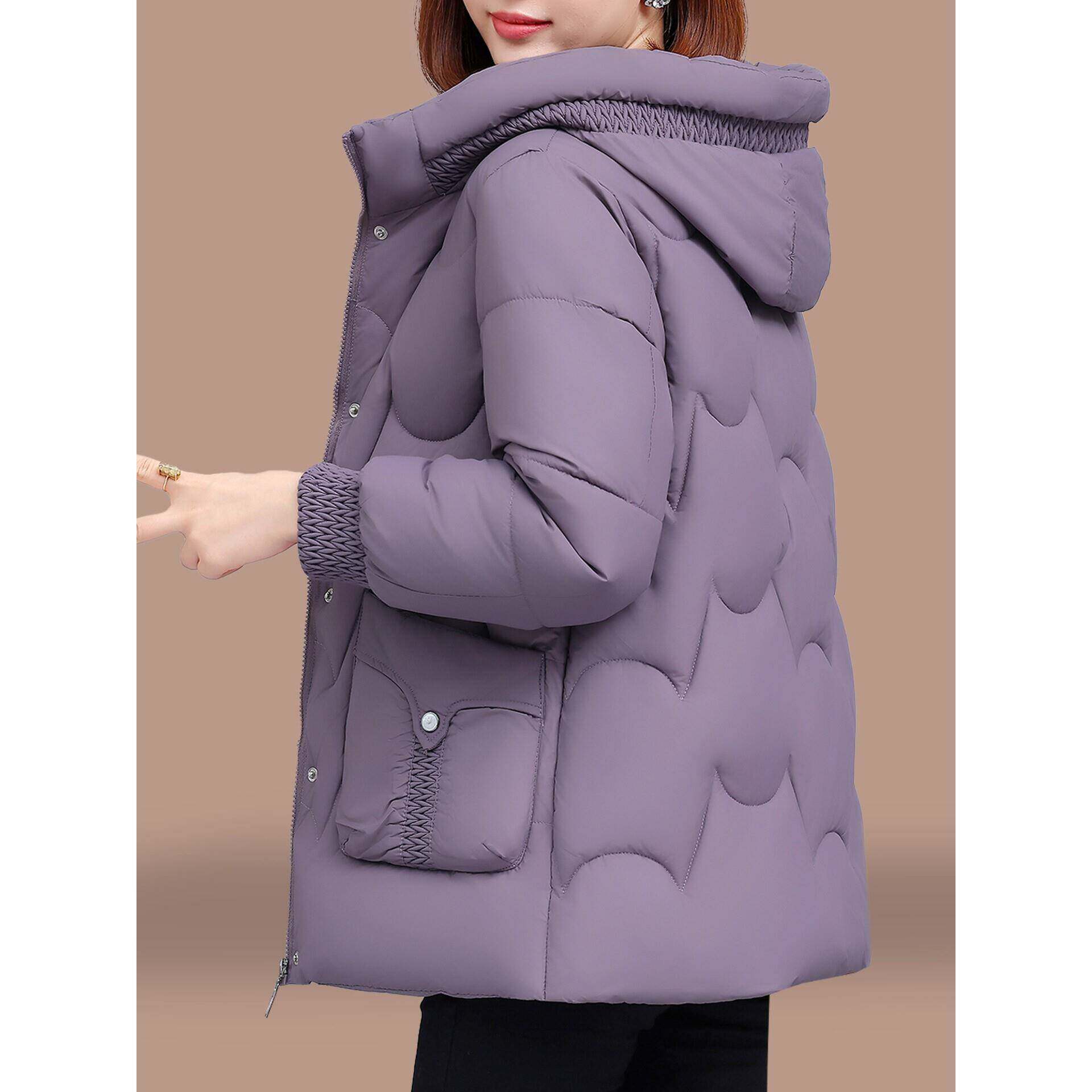 高级感冬季羽绒棉服女2025新款中年妈妈休闲连帽加厚保暖紫色棉衣