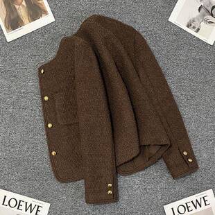 潮牌深咖色小香风羊羔毛外套女短款2025秋冬季新款高级感休闲上衣