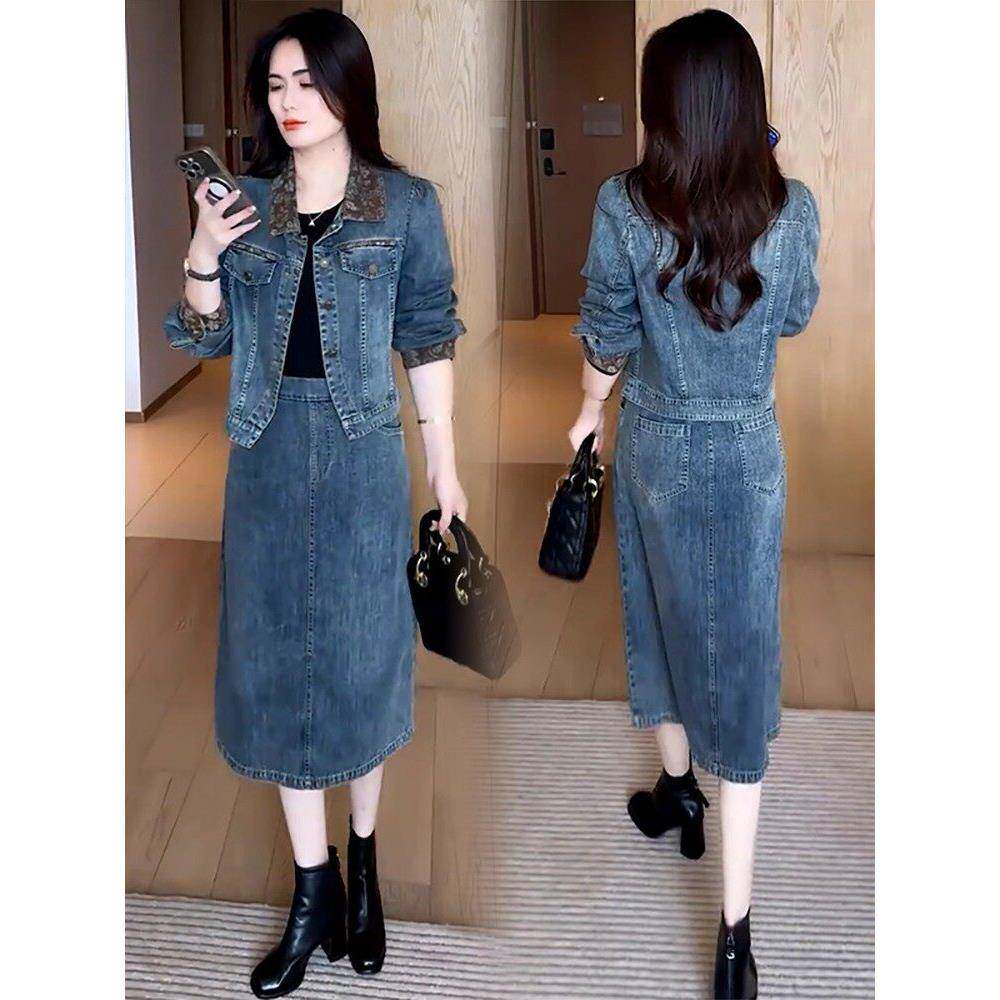 香港代购休闲牛仔套装裙女秋季新款洋气显瘦短款外套连衣裙两件套