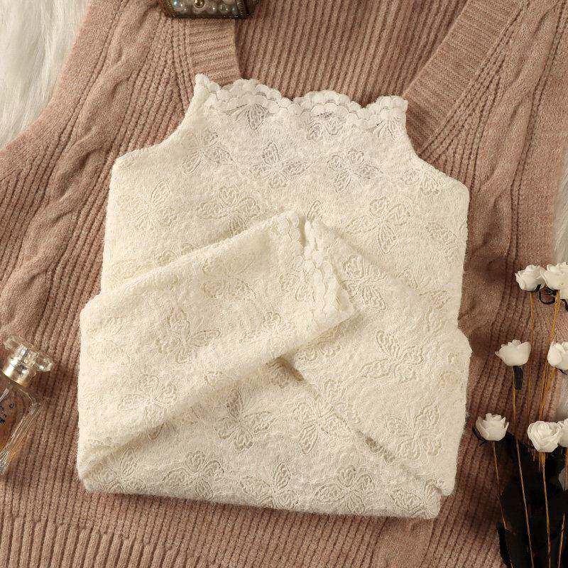 欧货秋冬高领加绒打底衣女内搭高级感蕾丝花边领小衫时尚洋气上衣