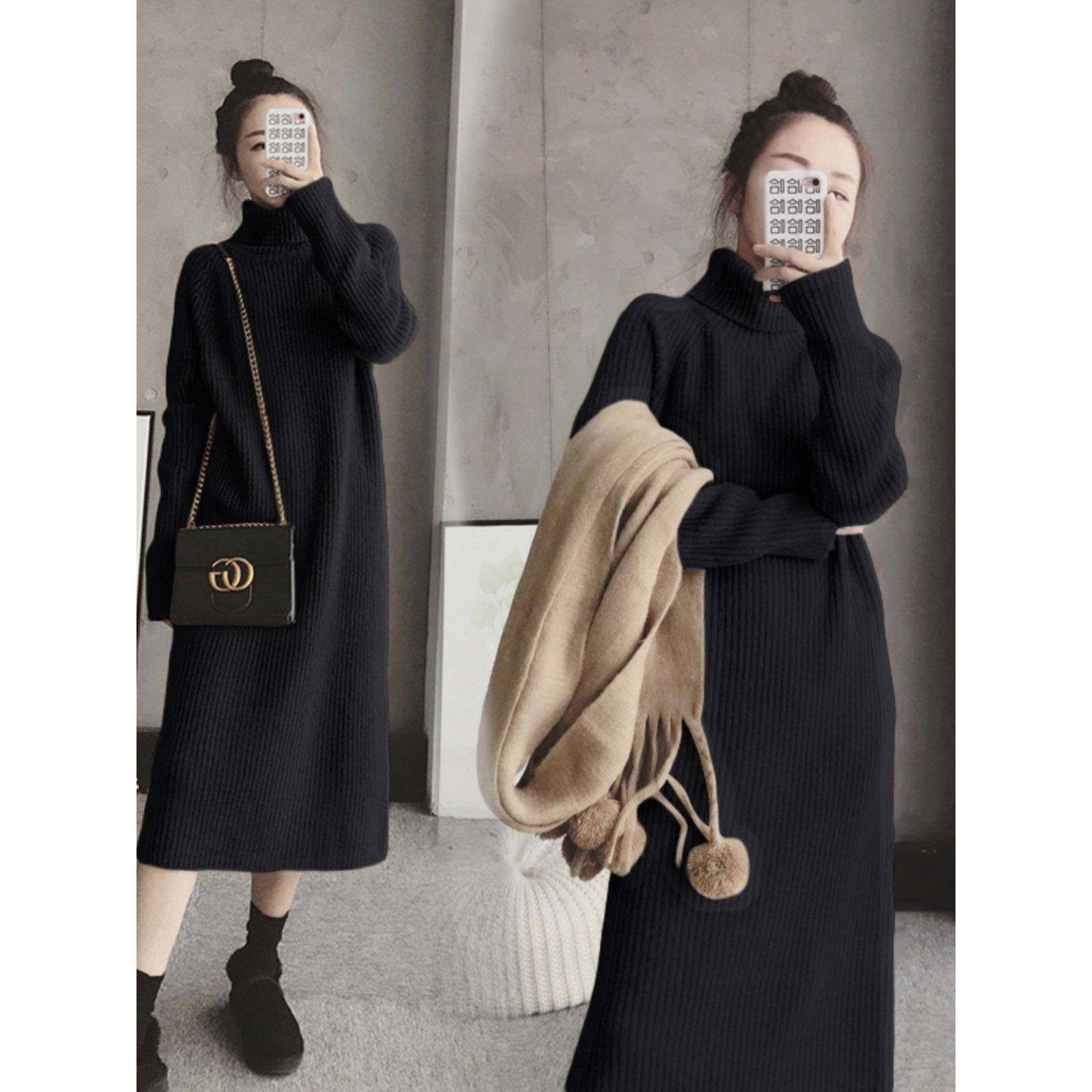 香港毛衣裙女大码胖mm秋春新款中长款高领加厚过膝打底针织连衣裙