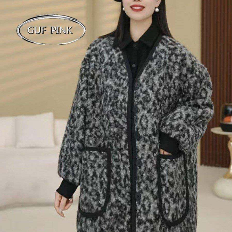 香港颗粒绒一体绒宽松豹纹休闲外套女2025秋冬新款中长款上衣潮女