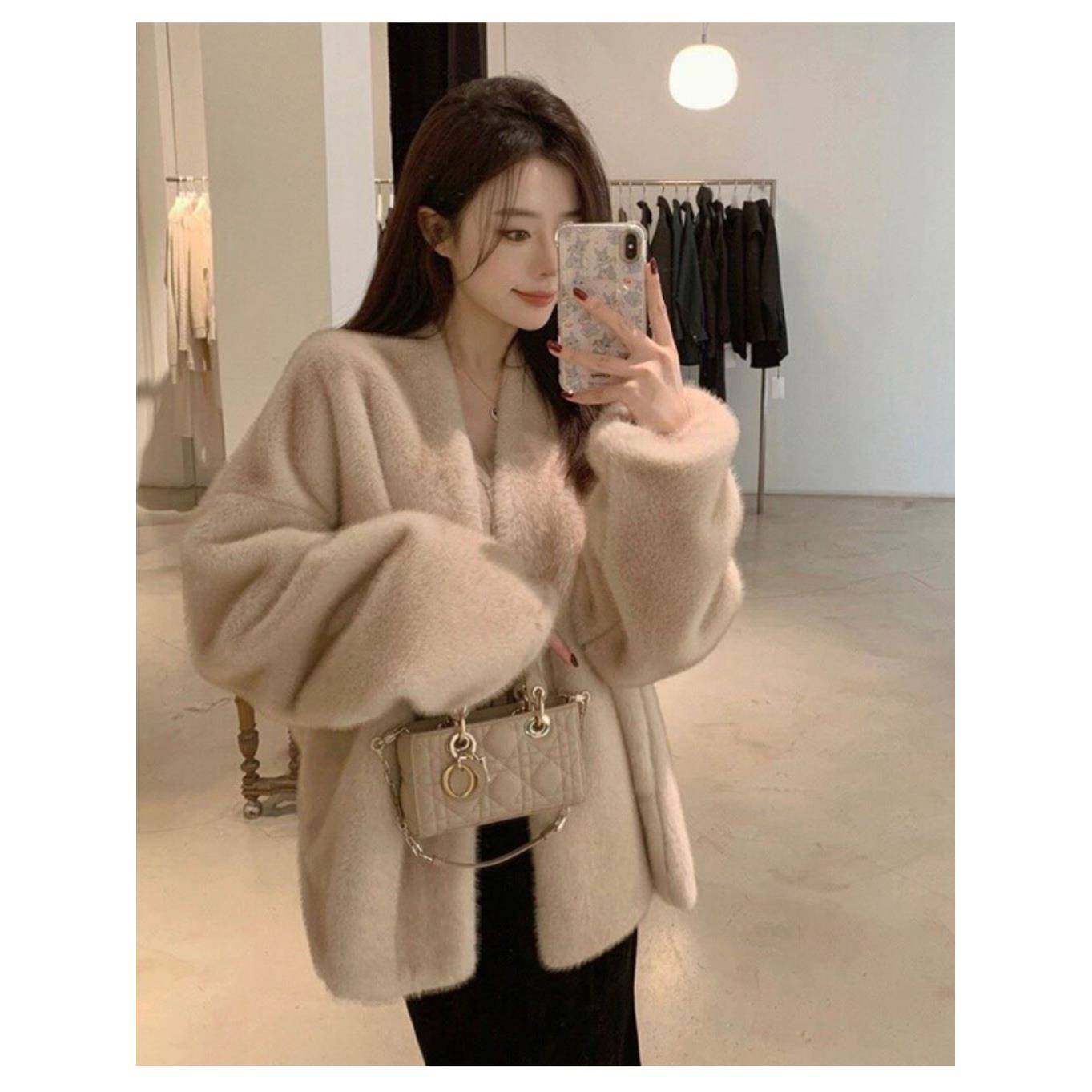 韩国2025冬新款环保彷水貂毛毛外套女皮毛一体V领通勤毛毛皮草女