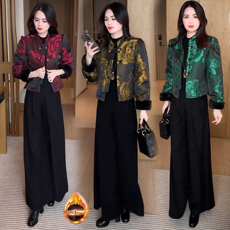 香港代购新中式加绒加厚短款外套女冬季新款显瘦国风提花保暖上衣