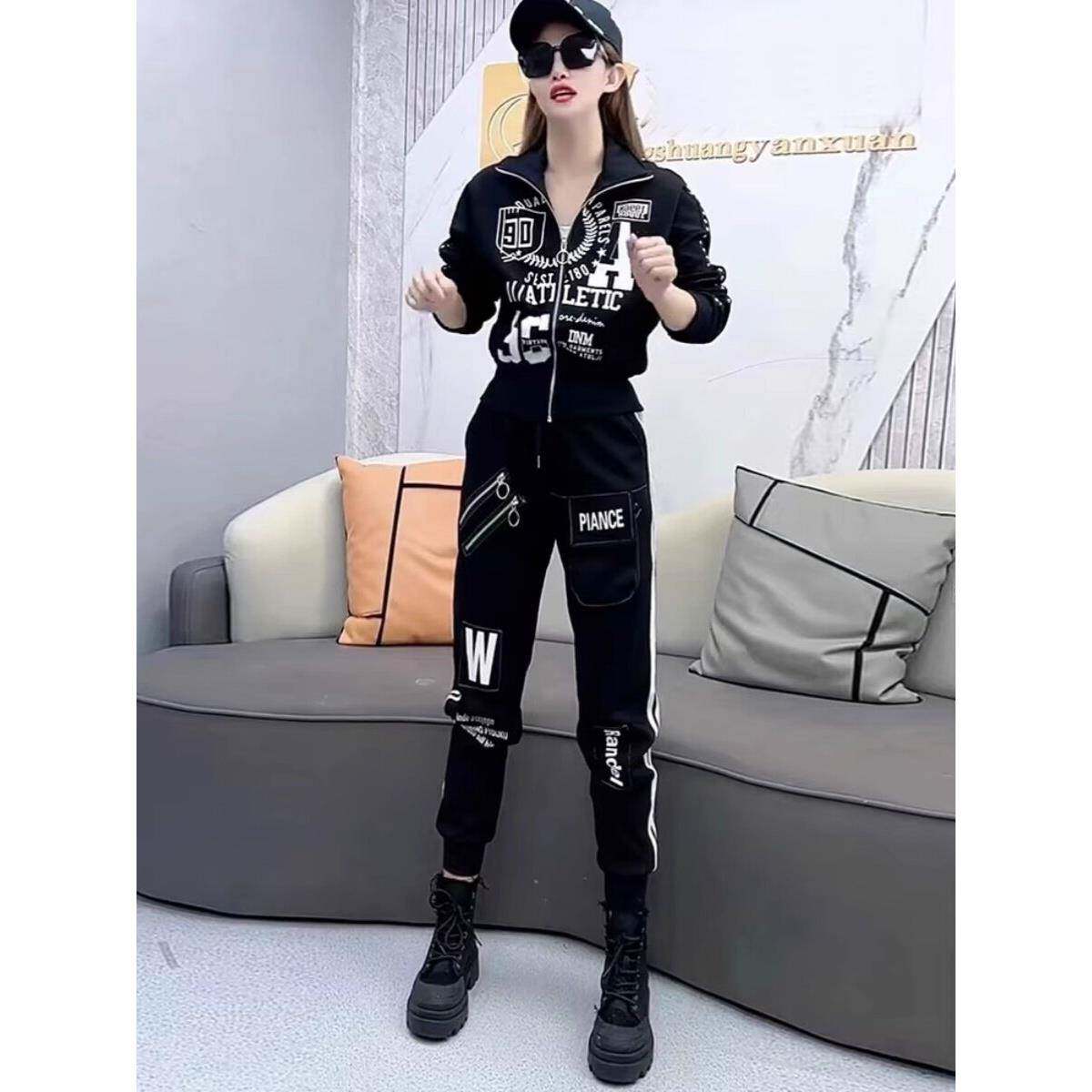 香港休闲运动服套装女春秋新款时尚显瘦印花卫衣束脚工装裤两件套