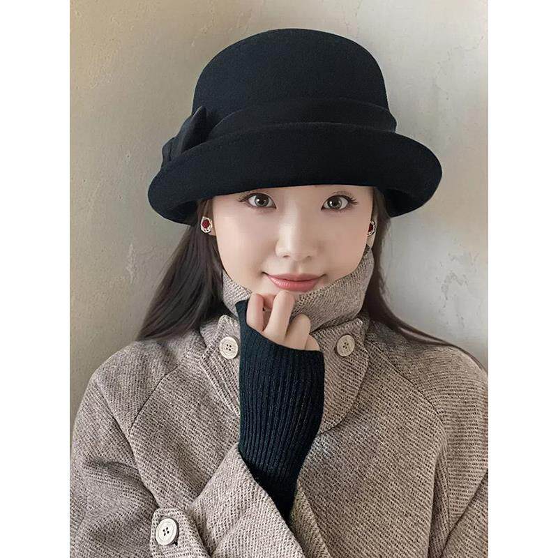 2025新款卷边羊毛呢渔夫帽子女秋冬季覆古礼帽休闲盆帽气质显脸小