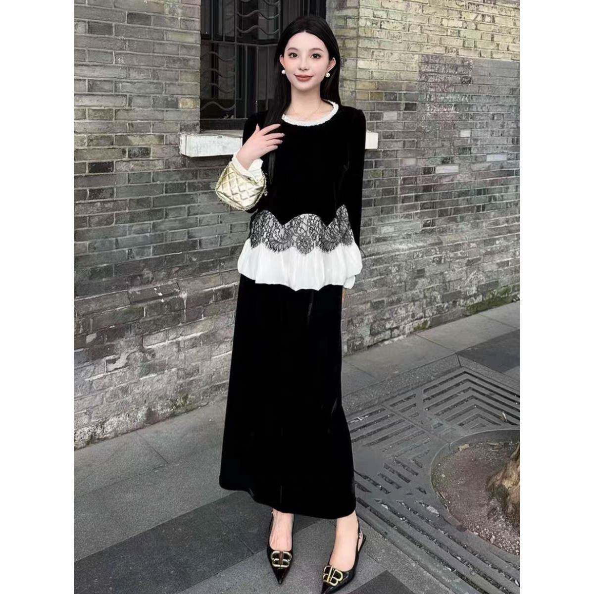 欧洲站2025秋冬新款赫本风气质丝绒拼接蕾丝上衣半身裙两件套装女