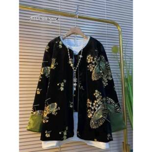 香港冬季亮片刺绣花朵拼接外套胖MM国风中式大码女装开衫纽扣上衣