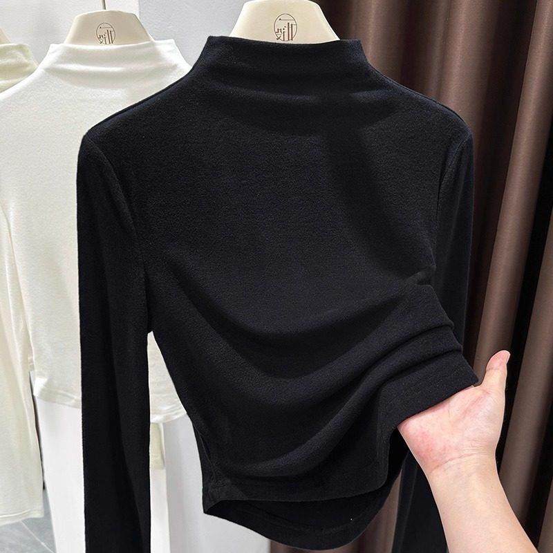 高档轻奢黑色小高领打底衫女新款冬内搭双面德绒加厚中领上衣短款