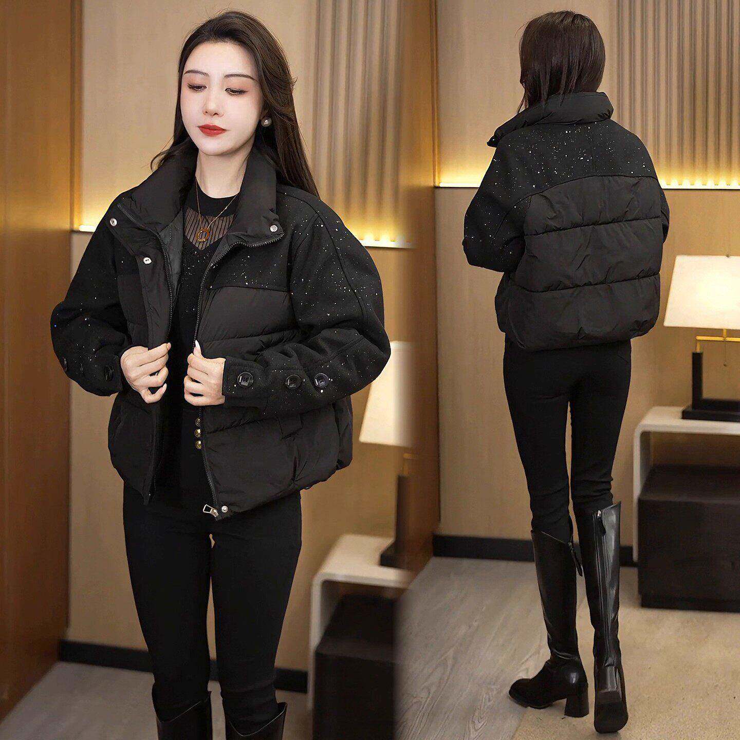 香港代购妈妈装短款棉服女冬季新款毛呢拼接棉袄百搭保暖棉衣外套