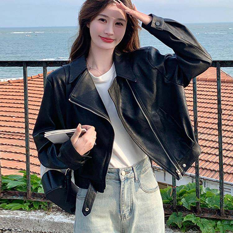 香港春秋韩系酷飒风黑色皮衣外套女设计感小个子短款翻领机车夹克,女装/女士精品,短外套,淘宝优惠券,粉丝福利购,淘宝优惠卷