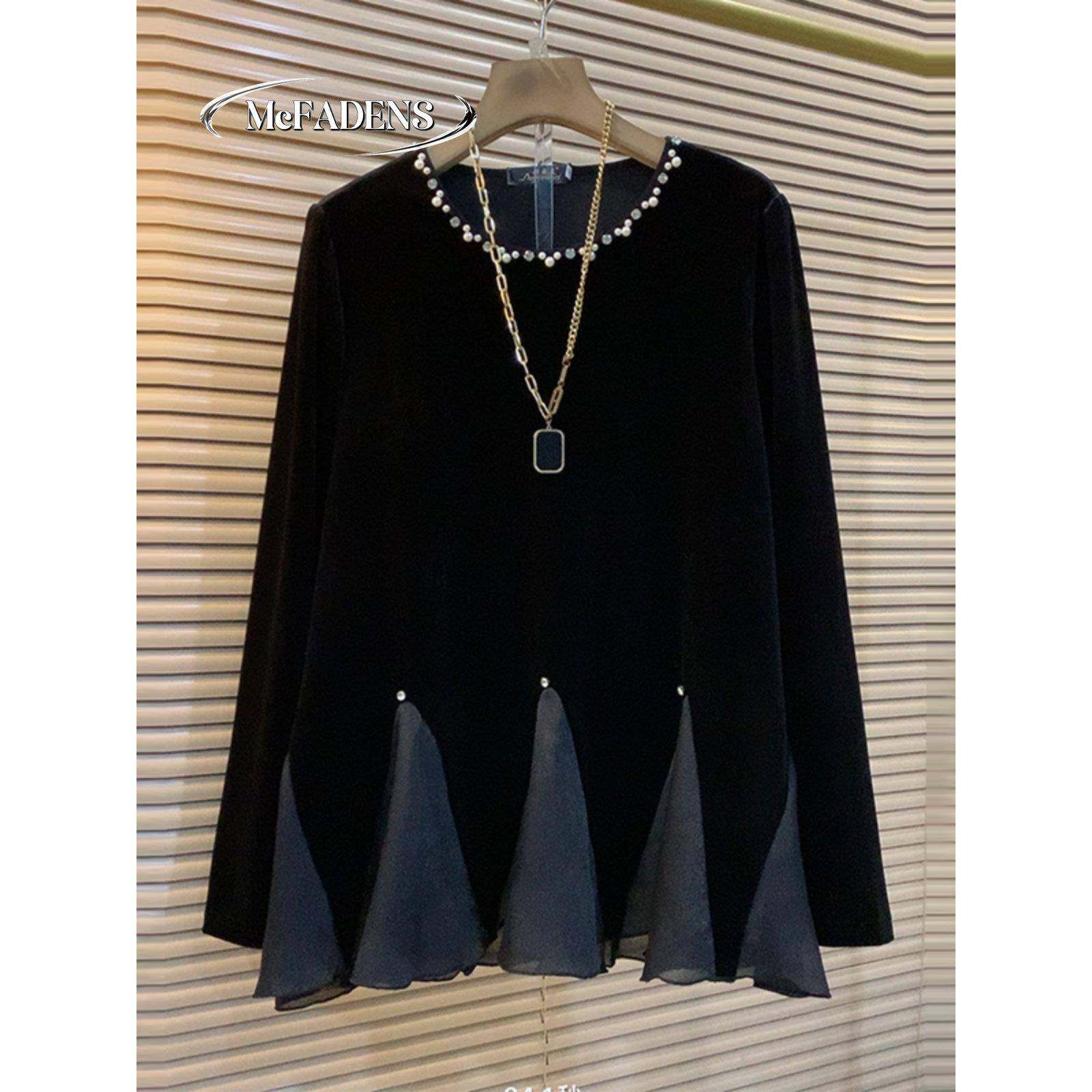 香港冬新款覆古丝绒拼接别致显瘦胖MM大码内搭钉珠时尚气质女人衫,女装/女士精品,大码内搭,淘宝优惠券,粉丝福利购,淘宝优惠卷