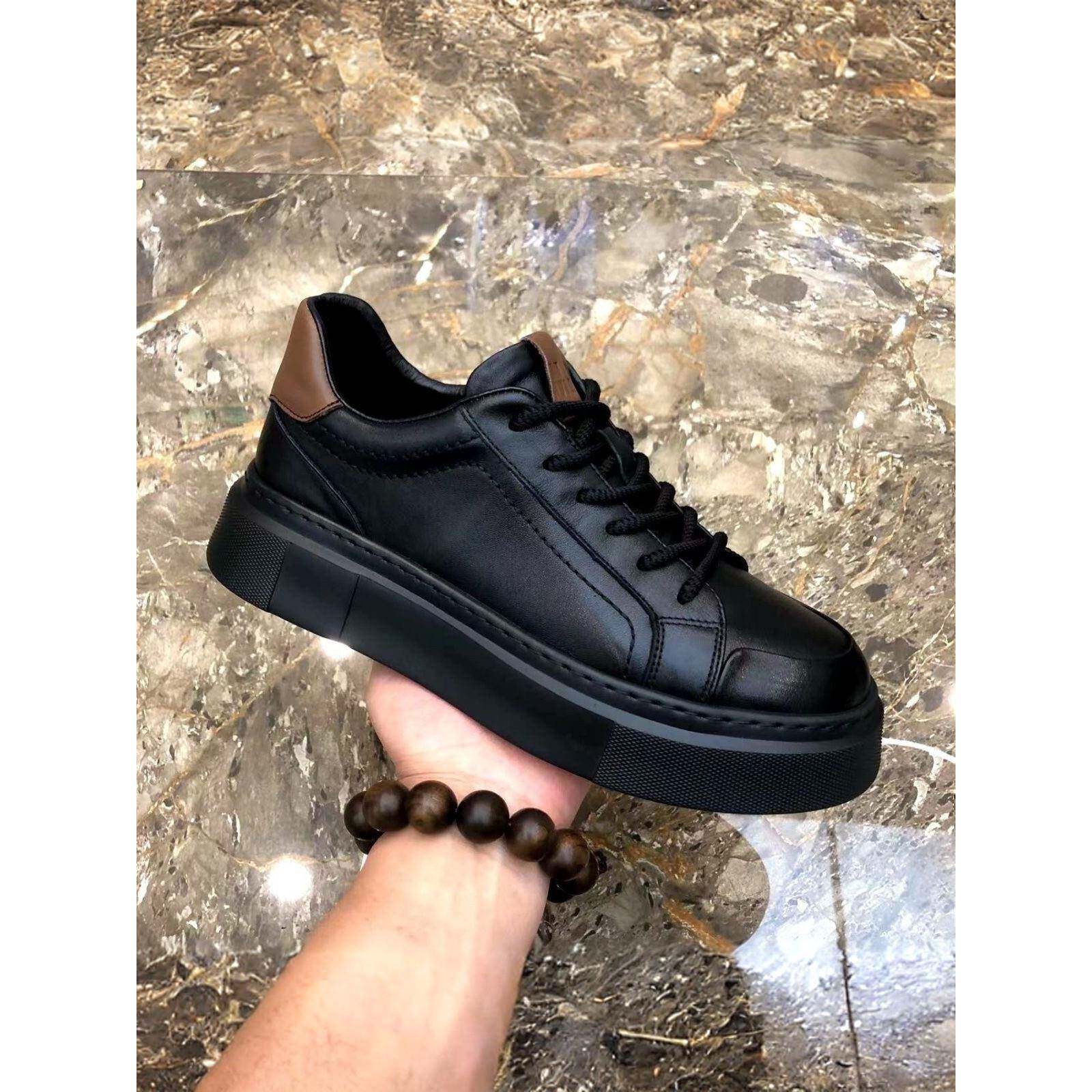 2025新款头层牛皮休闲板鞋男高端潮牌系带简约厚底圆头男士小皮鞋