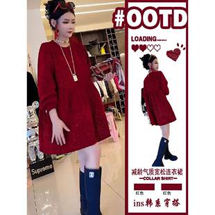 香港复古红色细闪亮片连衣裙女秋冬洋气减龄娃娃裙小香风大码裙子