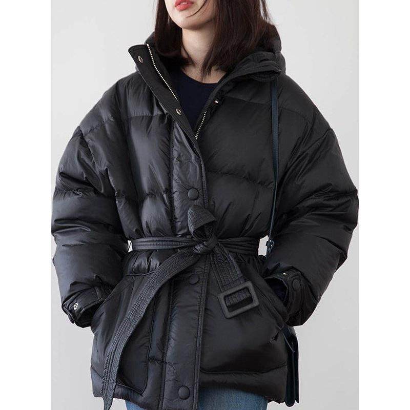 专柜2025冬新款小个子系带羽绒服女休闲保暖连帽白鸭绒外套大衣潮