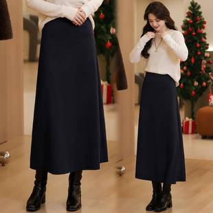 黑色中长款半身裙女秋冬2025新款羊毛呢高腰遮胯a字裙显瘦伞裙子