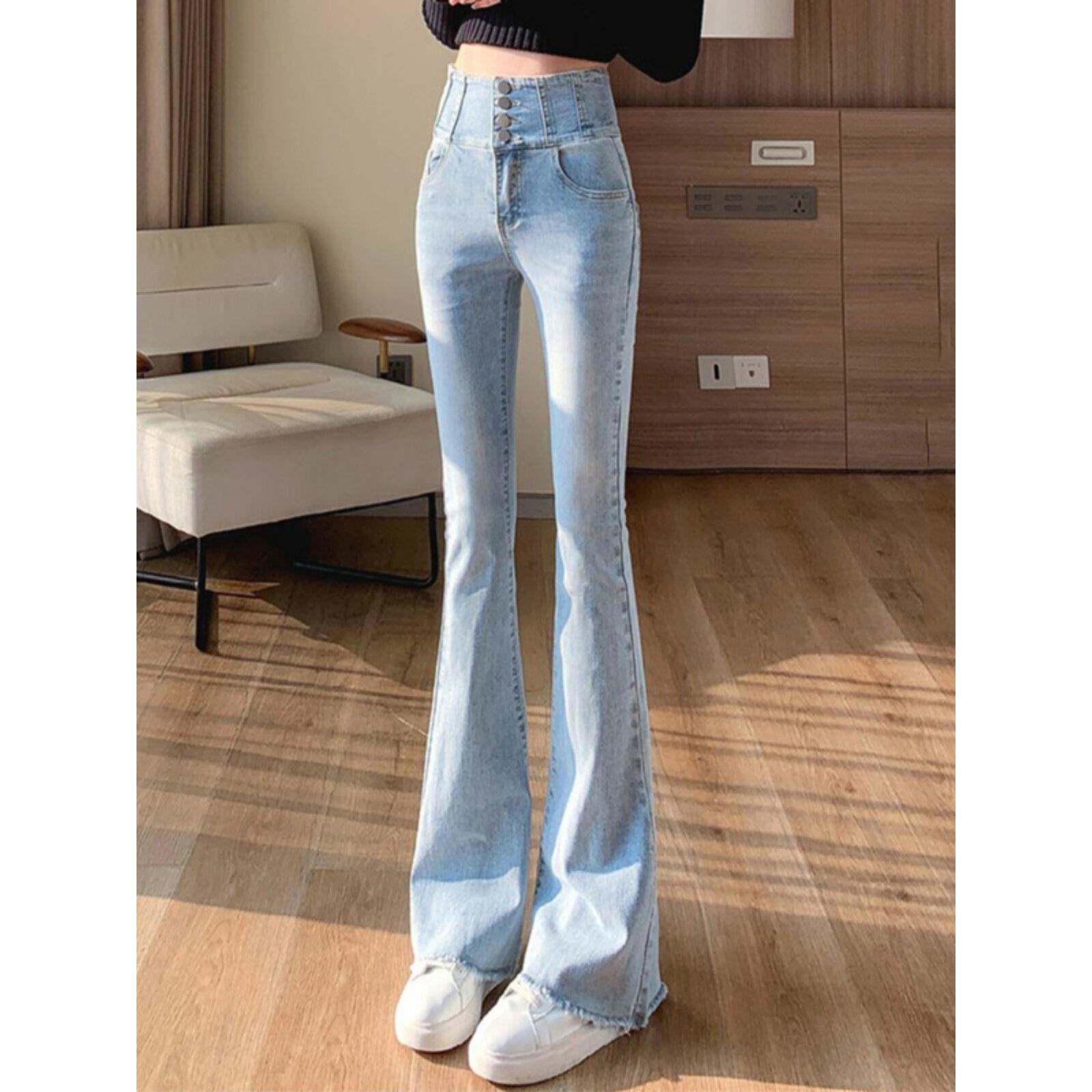 韩国浅色牛仔裤女春秋加绒直筒修身微喇裤高腰垂感阔腿弹力喇叭裤