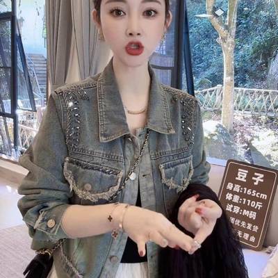 香港TIMO重工做旧钉珠毛边牛仔外套女2025年春秋覆古港风短款上衣