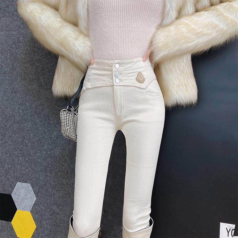 韩国米白色牛仔裤女春秋加绒紧身弹力高腰魔术修身休闲铅笔小脚裤