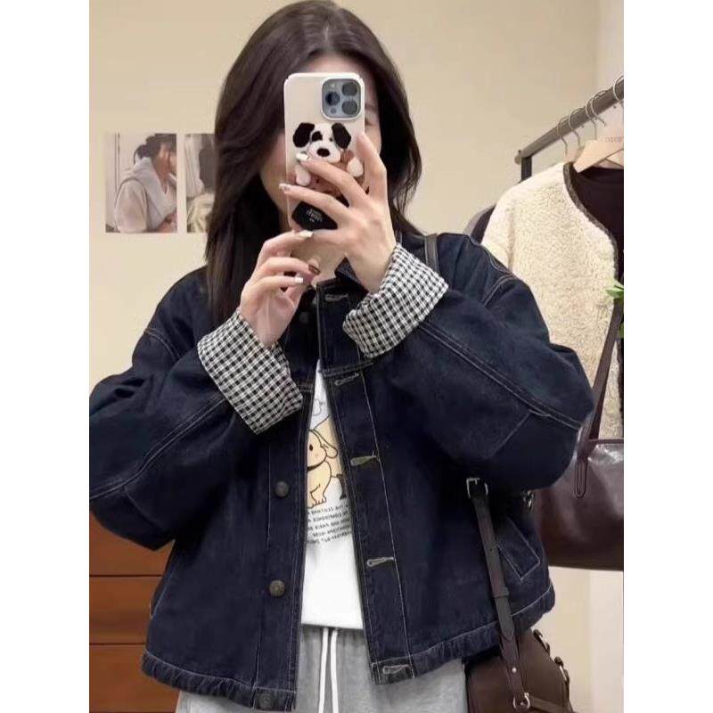 韩版短款牛仔外套女2025春秋新款时尚休闲百搭小个子格子拼接上衣