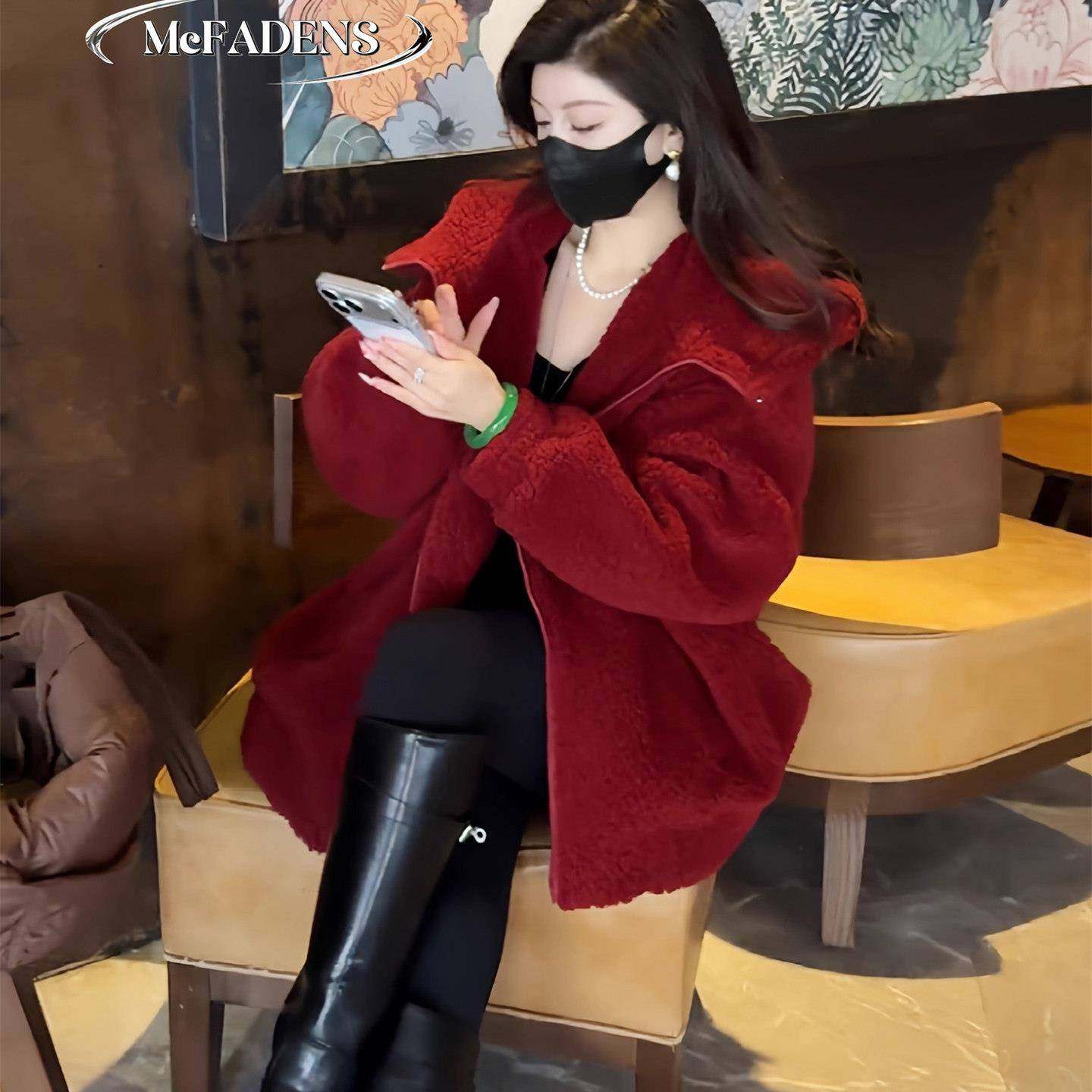 香港慵懒风新年红色羊羔毛外套女冬款宽松连帽高级感减龄毛绒上衣