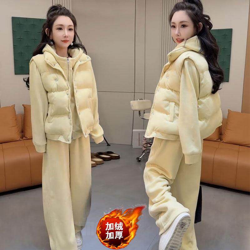 香港黄色休闲运动套装女冬季加绒加厚羽绒棉马甲阔腿裤洋气三件套