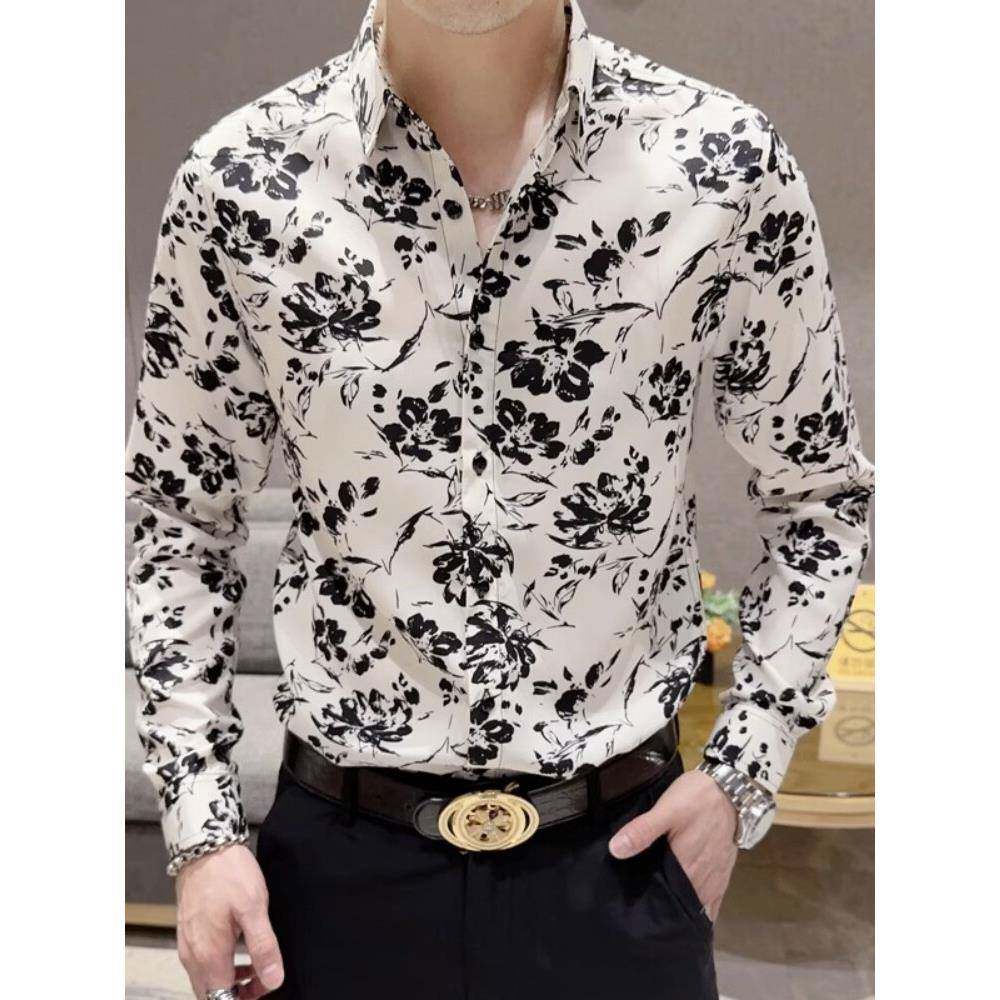 新款男士印花长袖衬衫薄高级感韩版修身潮流冰丝商务休闲短袖衬衣