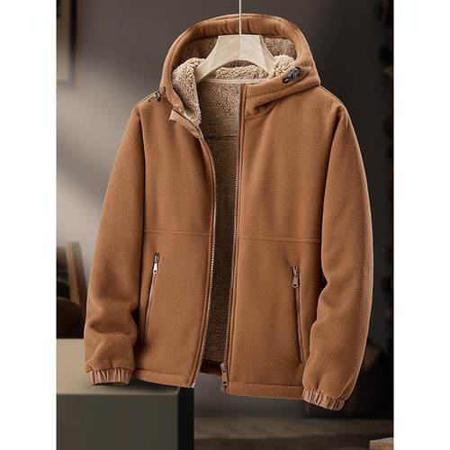 Mostarsea~秋冬羊羔绒抓绒衣男休闲连帽保暖夹克加绒加厚重磅开衫