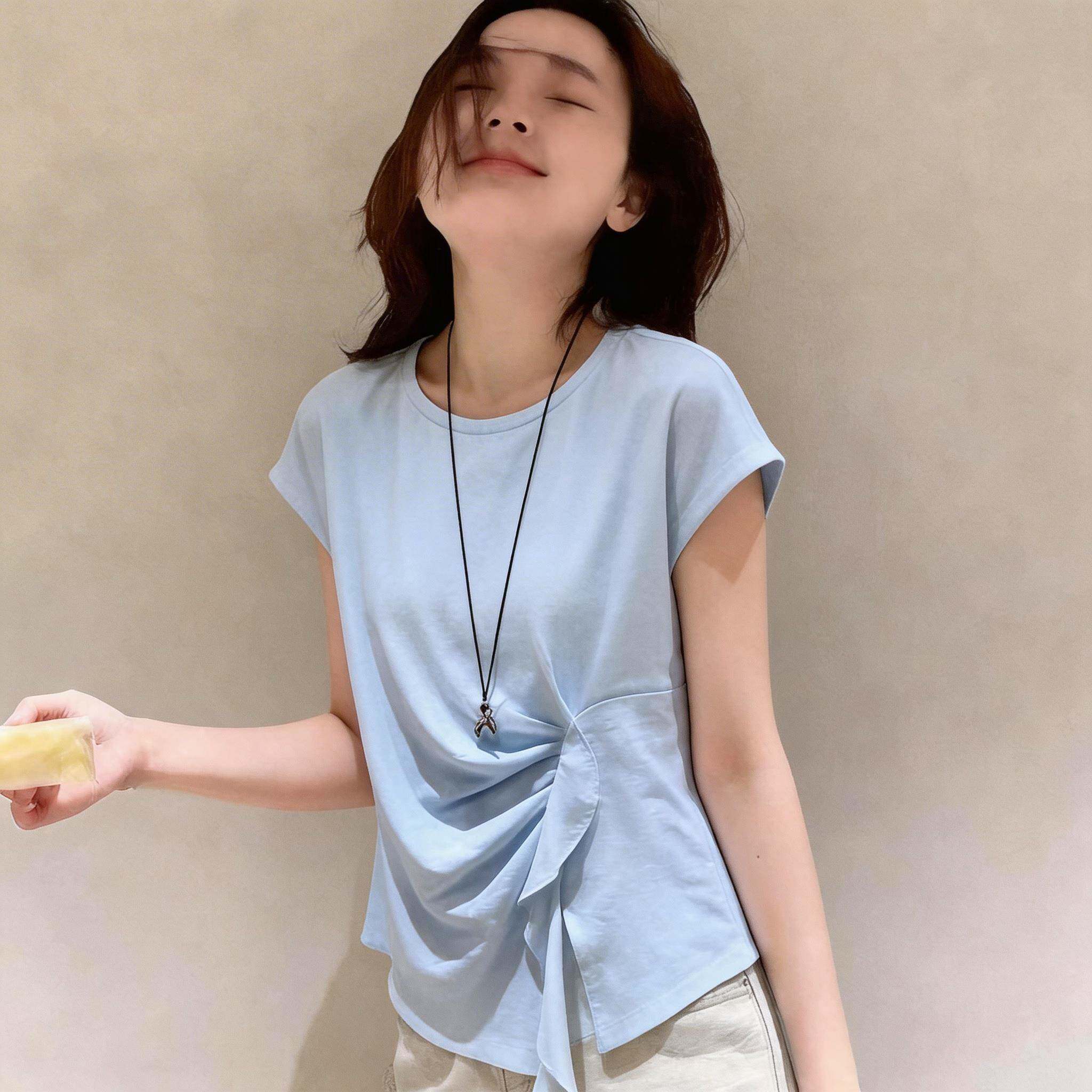 韩国超好看设计感小众荷叶袖白色衬衫女夏季新款显瘦收腰短袖小衫