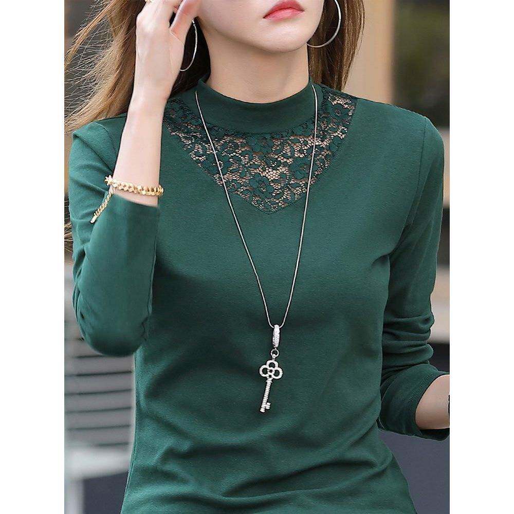 韩国纯棉半高领底裤春秋冬女衬衫，蕾丝剪裁风格羊毛衬里厚长袖t