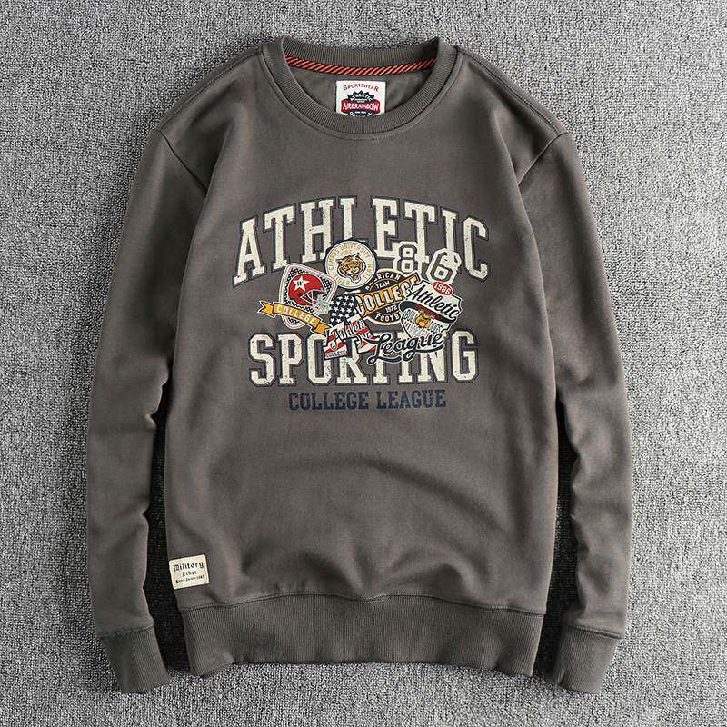 美式橄榄球覆古运动字母图案圆领卫衣男厚实毛圈套头潮流上衣长袖