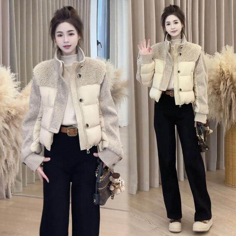 香港代购毛毛拼接棉衣外套女冬季新款时髦洋气加厚保暖短款棉袄潮