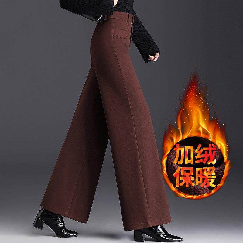 高档轻奢加绒加厚毛呢阔腿裤女士秋冬新款百搭宽松垂感直筒西装裤