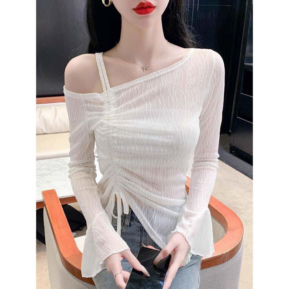 雪纺衫女夏季薄款2025新款长袖t恤修身显瘦不规则打底衫露肩上衣