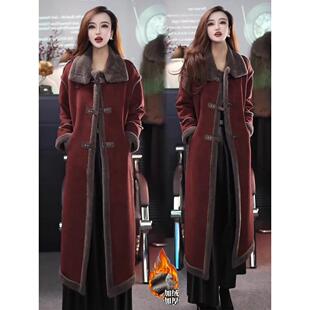 香港代购加绒麂皮绒外套女冬季新款洋气过膝长款气质皮毛一体大衣