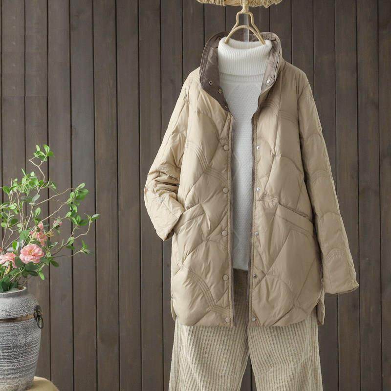 潮牌轻薄羽绒服女中长款2025秋冬新款大码宽松薄款立领白鸭绒外套